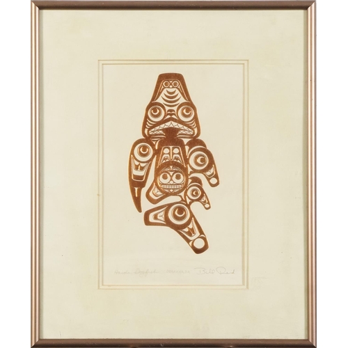 563 - Bill Reid - Haida Dogfish, Canadian gilt embossed print, details verso, mounted, framed and glazed, ... 