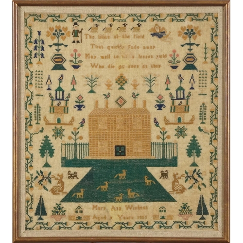 117 - 19th century needlework sampler worked by Mary Ann Wickens aged 9 years 1858, framed and glazed, 37c... 