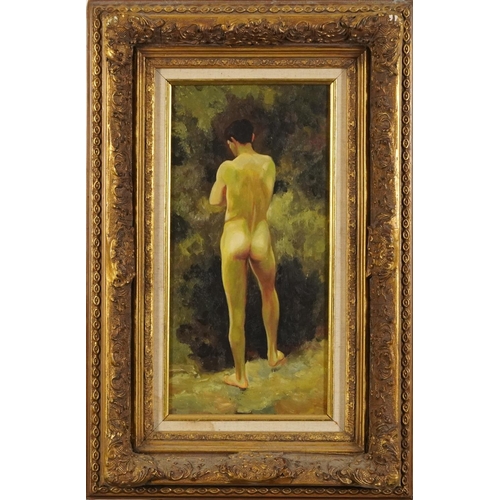 113 - Manner of Henry Scott Tuke - Standing nude male, Modern British oil on wood panel, mounted, and fram... 