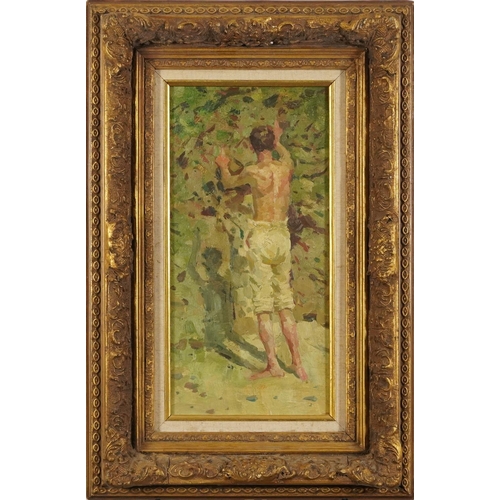 114 - Manner of Henry Scott Tuke - Standing semi nude male, Modern British oil on wood panel, mounted and ... 