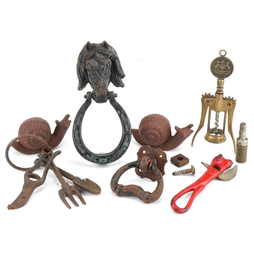 2415 - Metalware including travelling folding corkscrew in the form of a John Dewar & Sons whisky bottle an... 