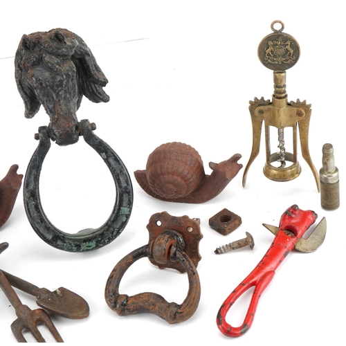 2415 - Metalware including travelling folding corkscrew in the form of a John Dewar & Sons whisky bottle an... 