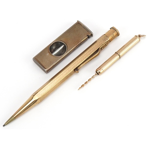 712 - Objects comprising 9ct gold propelling toothpick, silver cigar cutter and rolled gold Yard-O-Led pro... 