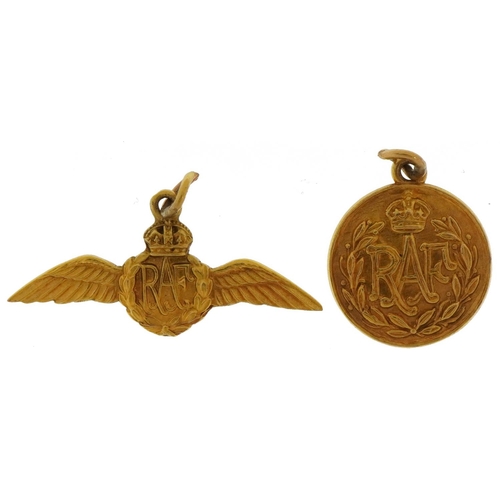 1374 - Two military interest 9ct gold RAF sweetheart pendants, the largest 3cm wide, total 3.5g