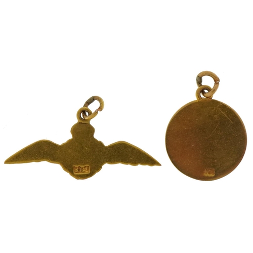 1374 - Two military interest 9ct gold RAF sweetheart pendants, the largest 3cm wide, total 3.5g