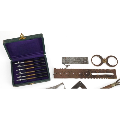 373 - Antique horological interest watchmaker's tools including Grimshaw & Baxter of London wire gauge and... 