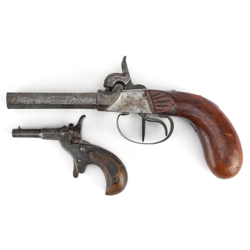 1429 - Two antique pistols including a double barrel percussion cap example with various proof marks, the l... 