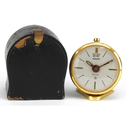 627 - Jaeger LeCoultre Swiss eight day Recital travel alarm clock with case, 6cm high