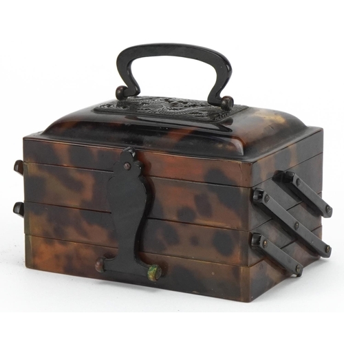 2408 - Chinese faux tortoiseshell three section cantilever casket with hinged lid and swing handle, 6cm H x... 