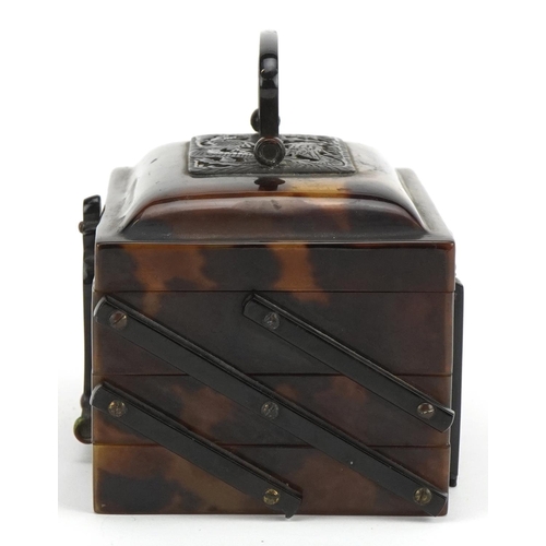 2408 - Chinese faux tortoiseshell three section cantilever casket with hinged lid and swing handle, 6cm H x... 