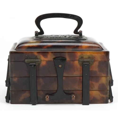 2408 - Chinese faux tortoiseshell three section cantilever casket with hinged lid and swing handle, 6cm H x... 