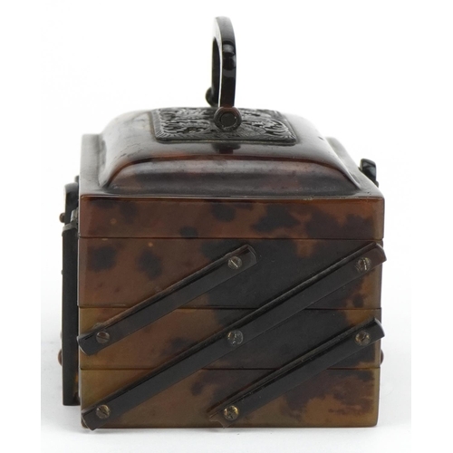 2408 - Chinese faux tortoiseshell three section cantilever casket with hinged lid and swing handle, 6cm H x... 