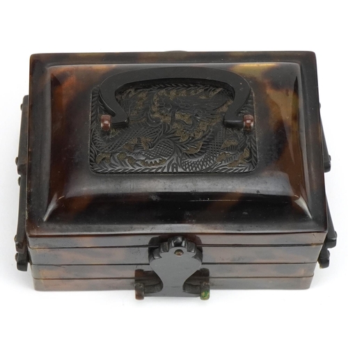 2408 - Chinese faux tortoiseshell three section cantilever casket with hinged lid and swing handle, 6cm H x... 