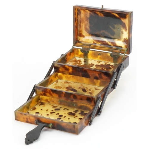 2408 - Chinese faux tortoiseshell three section cantilever casket with hinged lid and swing handle, 6cm H x... 