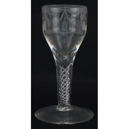 512 - 18th century wine glass with air twist stem and etched bowl, 15.5cm high