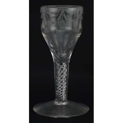 512 - 18th century wine glass with air twist stem and etched bowl, 15.5cm high