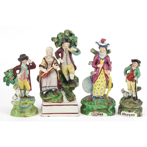 48 - Four early 19th century pearlware figures including a Walton example and two entitled Sheperd and Mo... 
