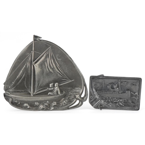 549 - Two Art Nouveau pewter dishes cast with boats including a WMF example numbered 264, 20cm wide