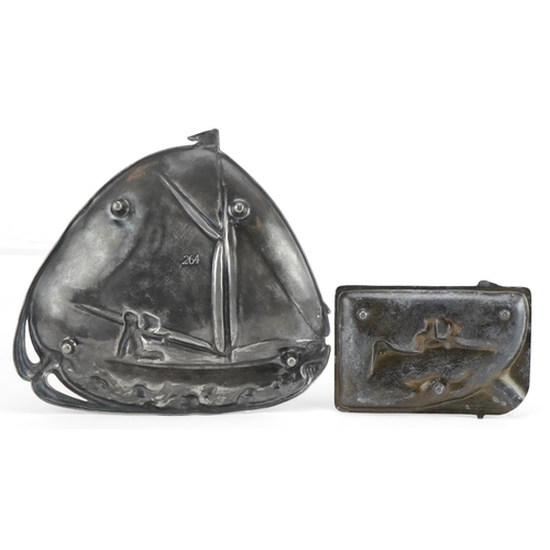 549 - Two Art Nouveau pewter dishes cast with boats including a WMF example numbered 264, 20cm wide