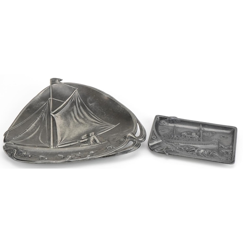 549 - Two Art Nouveau pewter dishes cast with boats including a WMF example numbered 264, 20cm wide