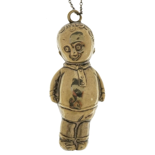 2368 - Novelty silver plated baby's rattle in the form of a young boy on a silver necklace with barrel clas... 