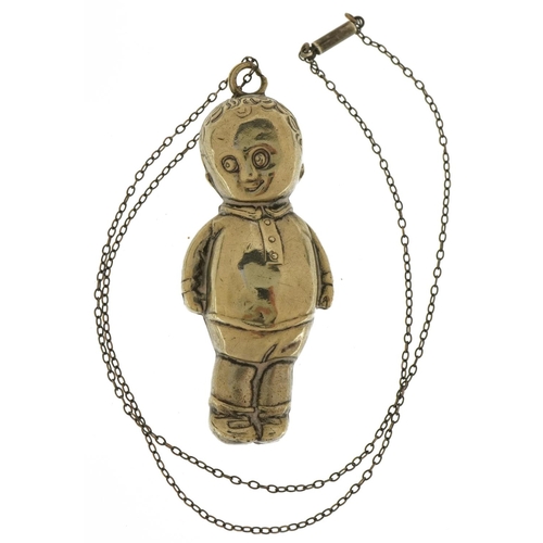 2368 - Novelty silver plated baby's rattle in the form of a young boy on a silver necklace with barrel clas... 