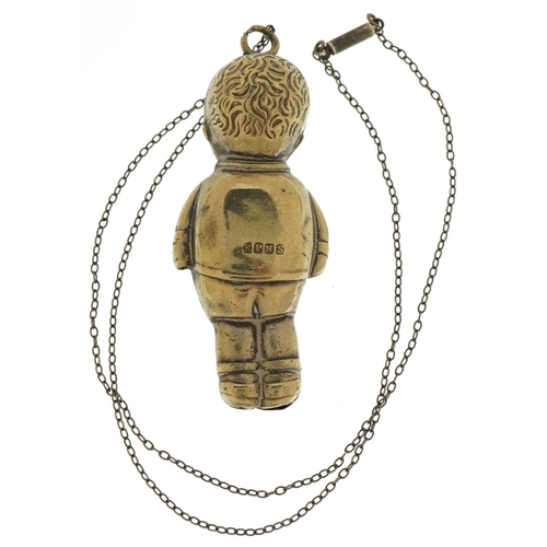 2368 - Novelty silver plated baby's rattle in the form of a young boy on a silver necklace with barrel clas... 