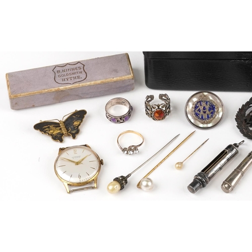 3726 - Antique and later jewellery, some silver, including Japanese damascene brooches, Junghans wristwatch... 