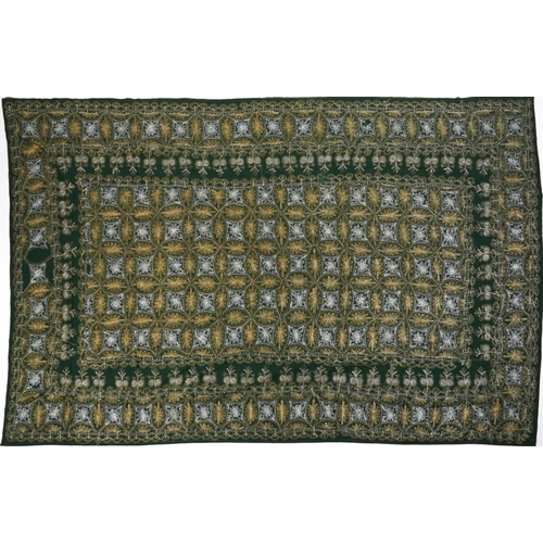 426 - Large Indian green ground textile finely embroidered with flowers, 245cm x 137cm