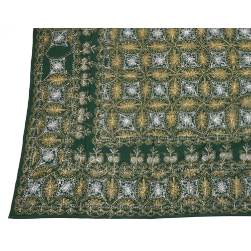 426 - Large Indian green ground textile finely embroidered with flowers, 245cm x 137cm