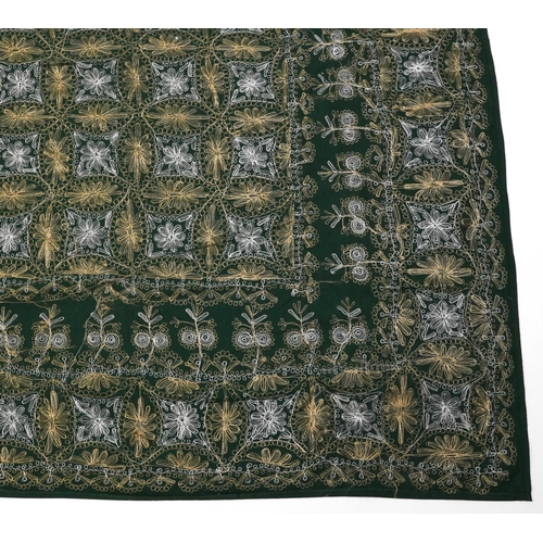 426 - Large Indian green ground textile finely embroidered with flowers, 245cm x 137cm