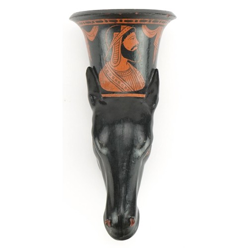 418 - Antique Apulian Red-figured Rhyton in the form of a horse head, 17cm in length