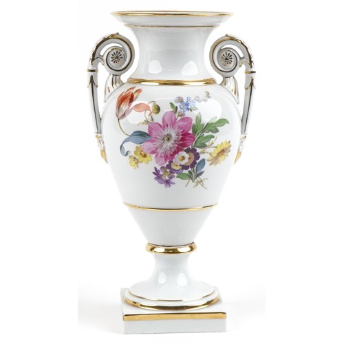 241 - Meissen, German porcelain vase with twin handles hand painted with flowers, blue crossed sword marks... 