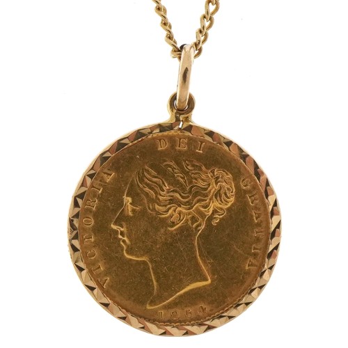 1512 - Victorian 1864 gold shield back half sovereign with 9ct gold pendant mount and a yellow metal neckla... 