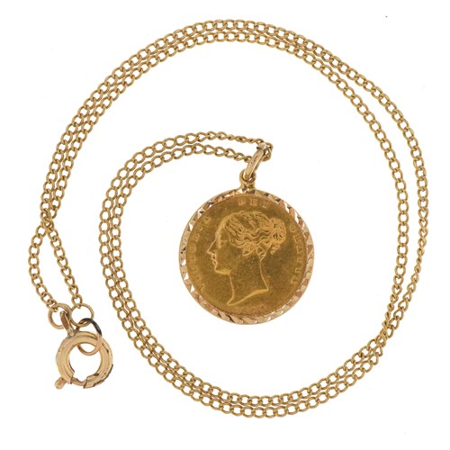 1512 - Victorian 1864 gold shield back half sovereign with 9ct gold pendant mount and a yellow metal neckla... 