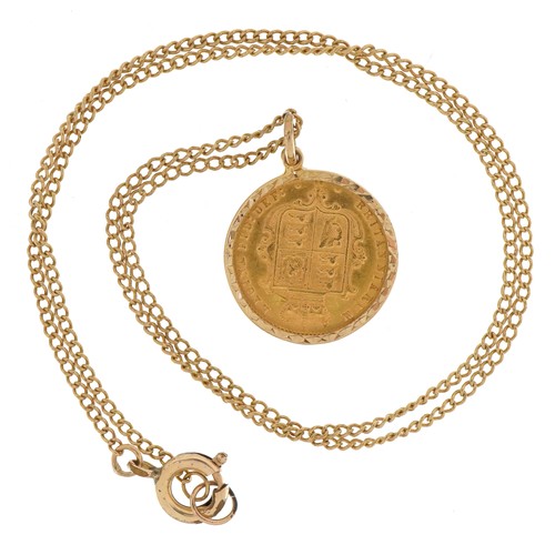 1512 - Victorian 1864 gold shield back half sovereign with 9ct gold pendant mount and a yellow metal neckla... 