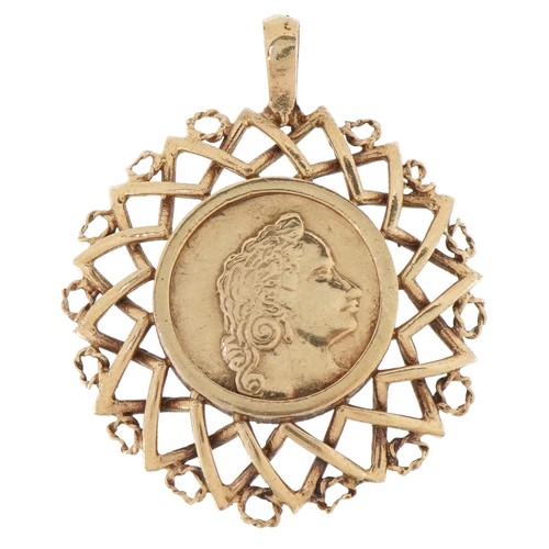 1508 - Antique gold coin, possibly a drachma in a 9ct gold pendant mount, the coin 6.2g, total weight 13.8g