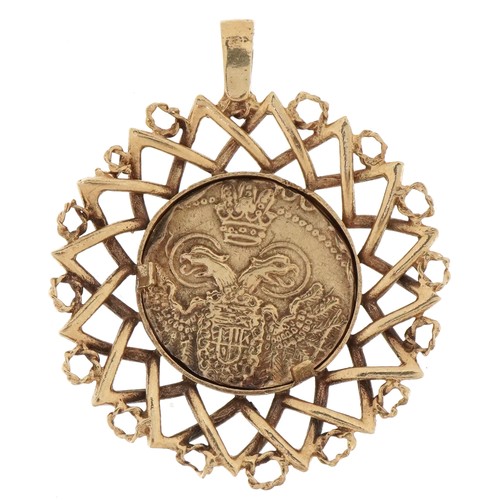 1508 - Antique gold coin, possibly a drachma in a 9ct gold pendant mount, the coin 6.2g, total weight 13.8g