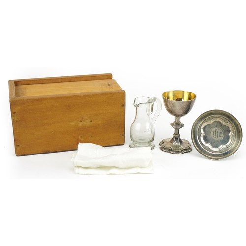 182 - Richards & Brown, Victorian ecclesiastical silver holy communion set comprising chalice and plate wi... 