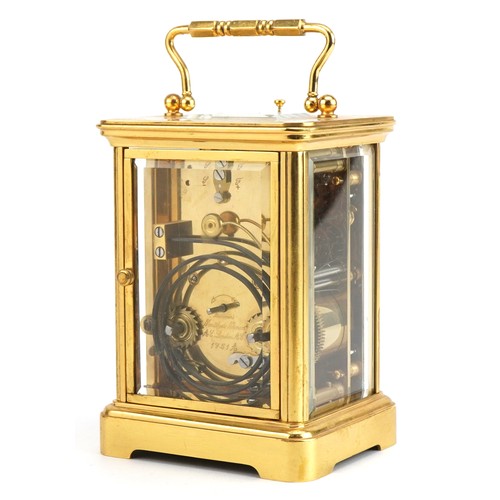 6 - Large Matthew Norman gilt brass repeating carriage clock having enamelled dial with Roman numerals, ... 