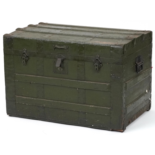 2101 - Victorian military interest wooden bound travelling trunk with carrying handles, 56cm H x 82cm W x 5... 