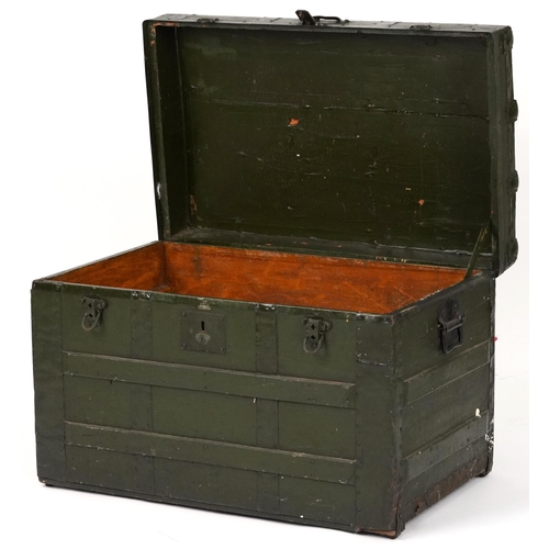 2101 - Victorian military interest wooden bound travelling trunk with carrying handles, 56cm H x 82cm W x 5... 