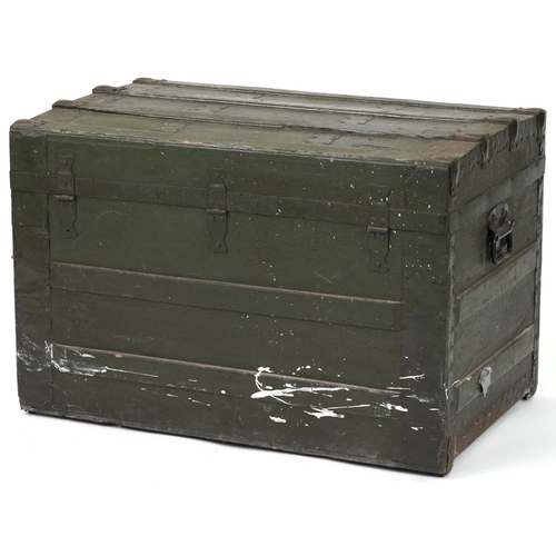 2101 - Victorian military interest wooden bound travelling trunk with carrying handles, 56cm H x 82cm W x 5... 