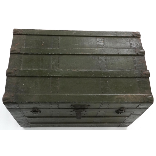 2101 - Victorian military interest wooden bound travelling trunk with carrying handles, 56cm H x 82cm W x 5... 