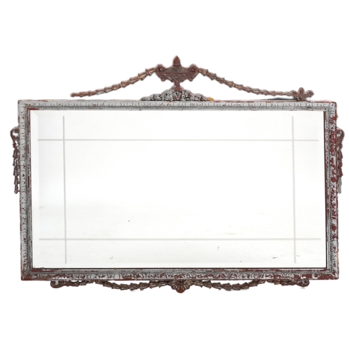 2169 - Ornate silvered wall mirror with bevelled glass and urn crest, 100cm x 75cm