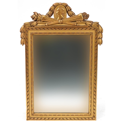 2165 - 19th century French gesso pier mirror with torches and maiden panel, 100cm x 68cm