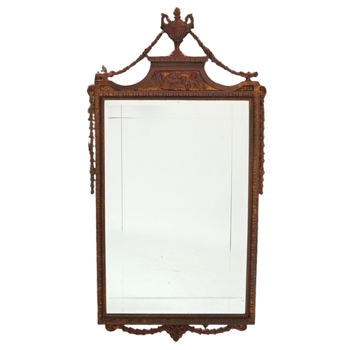 2171 - Ornate gilt framed wall mirror with urn finial and bevelled glass, 115cm x 64cm