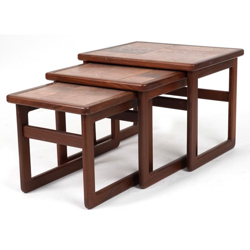 2095 - Nest of three tile top teak occasional tables, the largest 43cm H x 55cm W x 44.5cm D