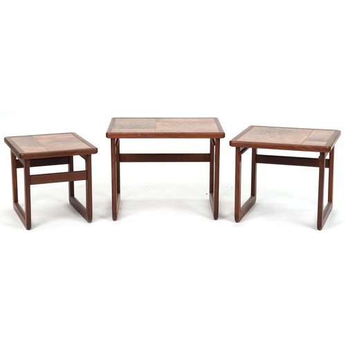 2095 - Nest of three tile top teak occasional tables, the largest 43cm H x 55cm W x 44.5cm D