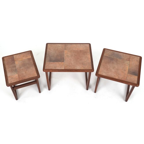 2095 - Nest of three tile top teak occasional tables, the largest 43cm H x 55cm W x 44.5cm D